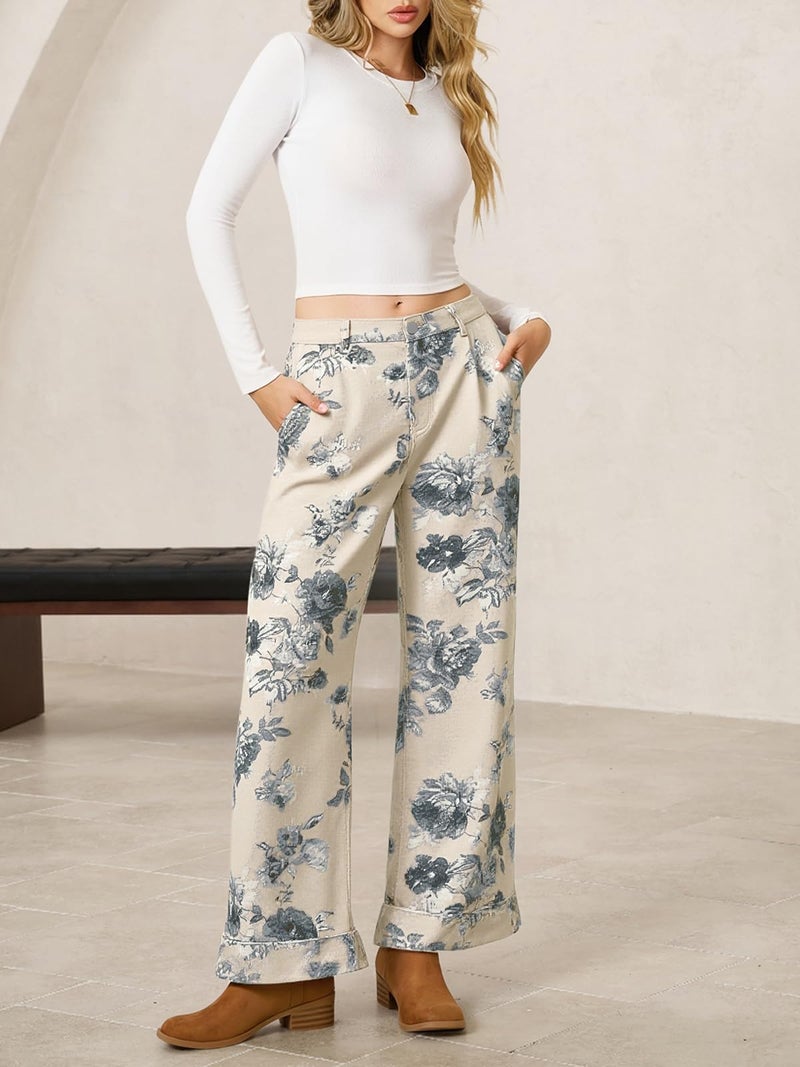 Cicy Bell Women's Floral Baggy Wide Leg Jeans Casual High Waisted Boyfriend Vintage Boho Denim Pants with Pockets - Image 5