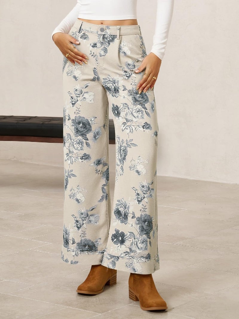Cicy Bell Women's Floral Baggy Wide Leg Jeans Casual High Waisted Boyfriend Vintage Boho Denim Pants with Pockets - Image 2