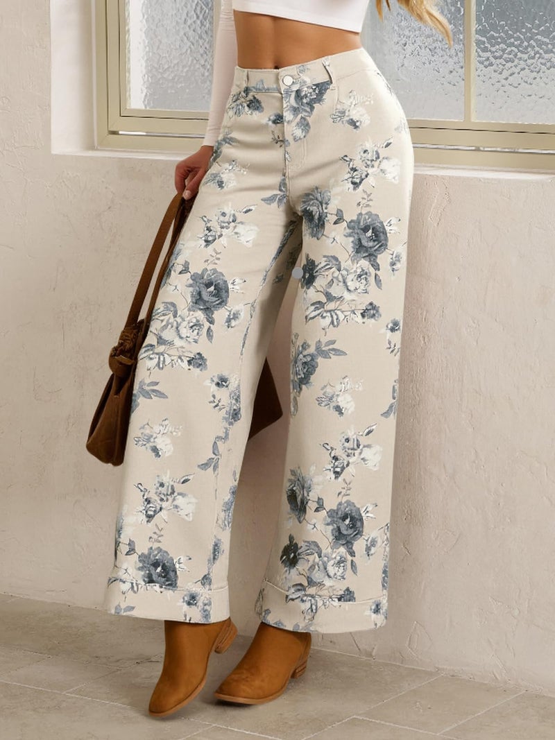 Cicy Bell Women's Floral Baggy Wide Leg Jeans Casual High Waisted Boyfriend Vintage Boho Denim Pants with Pockets - Image 4