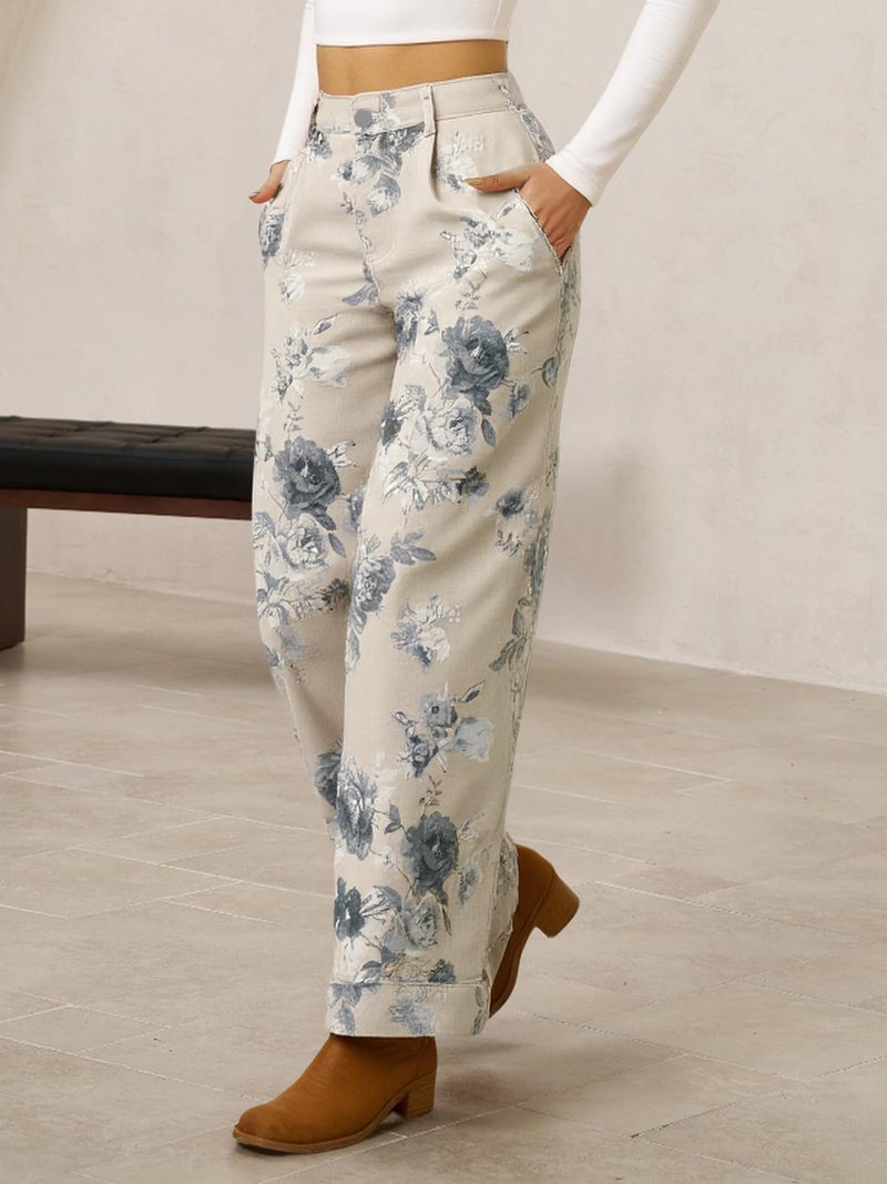 Cicy Bell Women's Floral Baggy Wide Leg Jeans Casual High Waisted Boyfriend Vintage Boho Denim Pants with Pockets - Image 3