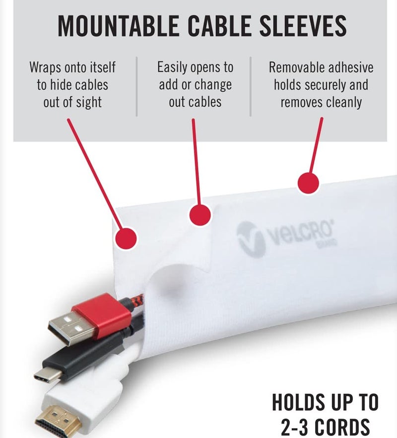 VELCRO Brand Cable Sleeves. Organize Messy Wires on Desk, Behind TV or Game Console. 16-Inch (2x8in) White. Removable Adhesive Mounts to Smooth Surfaces - Image 2