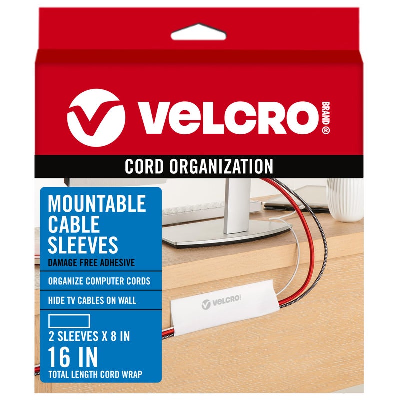 VELCRO Brand Cable Sleeves. Organize Messy Wires on Desk, Behind TV or Game Console. 16-Inch (2x8in) White. Removable Adhesive Mounts to Smooth Surfaces - Image 1