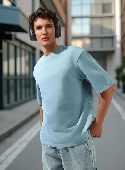 Hubberholme Men's Blue 100% Cotton Solid Oversized T-Shirt