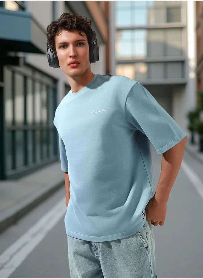 Hubberholme Men's Blue 100% Cotton Solid Oversized T-Shirt