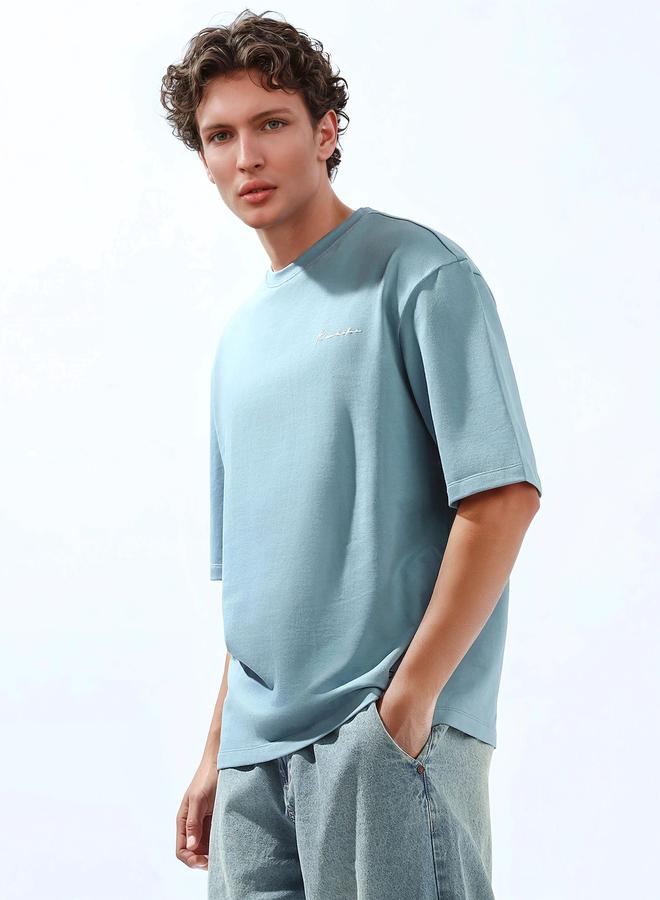 Hubberholme Men's Blue 100% Cotton Solid Oversized T-Shirt - Image 3
