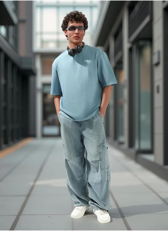Hubberholme Men's Blue 100% Cotton Solid Oversized T-Shirt