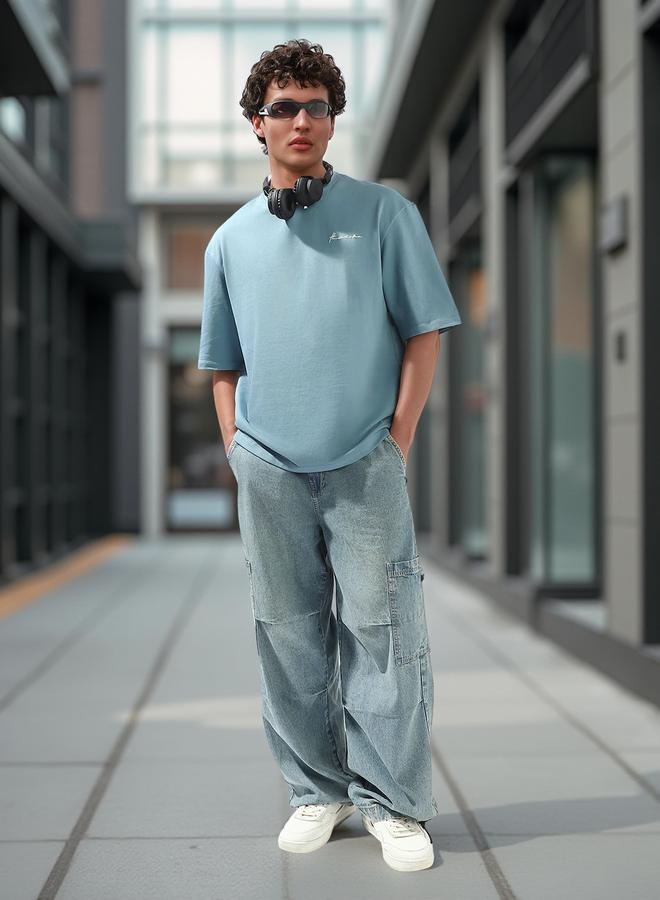 Hubberholme Men's Blue 100% Cotton Solid Oversized T-Shirt - Image 2