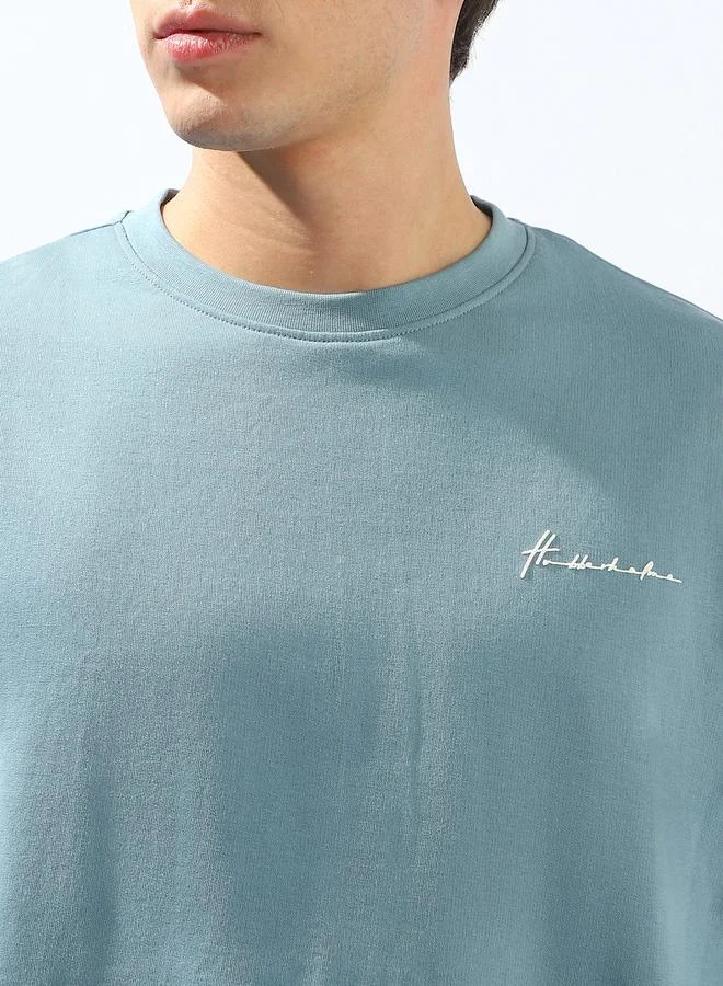 Hubberholme Men's Blue 100% Cotton Solid Oversized T-Shirt