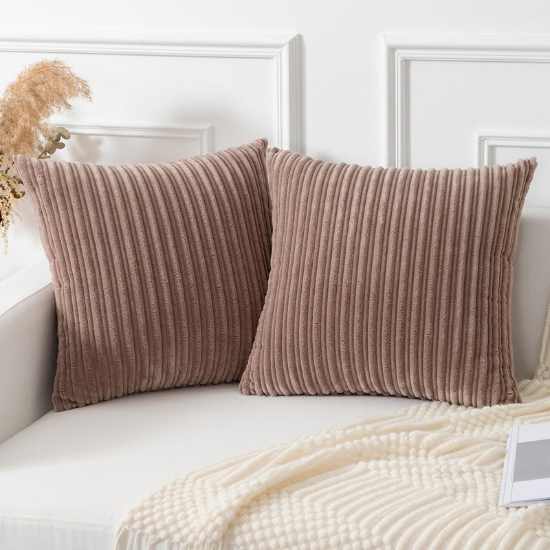 K KEVIN TEXTILE Kevin Textile Pack of 2 Corduroy Soft Soild Decorative Square Throw Pillow Covers Set Cushion Cases Pillowcases for Christmas Sofa Bedroom Car 26 x 26 Inch 66 x 66 Cm Light Brown  - Image 1