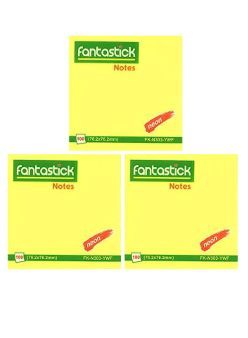 Fantastick 3-Piece Sticky Notes 3x3 Inch Size Neon Yellow - Image 1