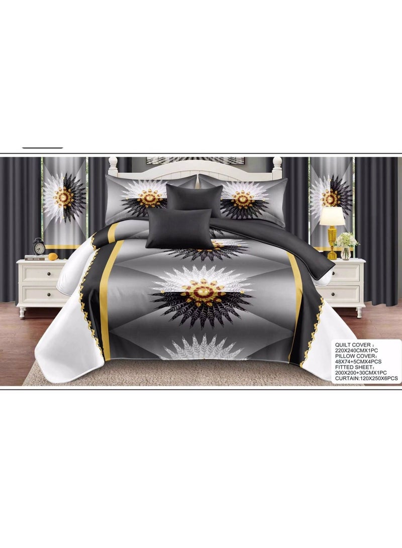 Bed Sheet cover with, Quilt cover 1pc 200x240cm, Pillow cover 4pc 48x74cm,Fitted sheet 1pc 200x200x30cm, curtain 6pc 120x250 colour  light black and white 