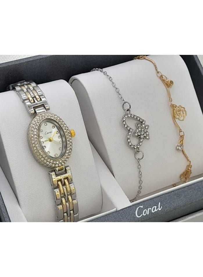 كورال طقم ساعة نسائي ماركة كورال بتصميم انيق مكون من -ساعة - -مع مجموعة اساور