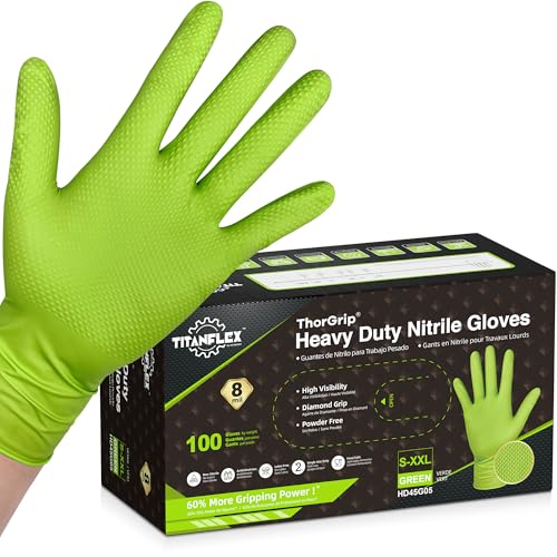 TitanFlex Heavy Duty Green Industrial Nitrile Gloves, 8-mil, Medium, Box of 100, Latex Free, Raised Diamond Texture Grip, Powder Free, Food Safe, Rubber Gloves, Mechanic Gloves - Image 1