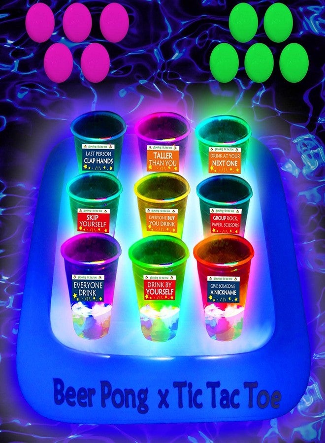 Ahuimeius 23 x 23 Inch Glowing Pool Party Rack Tic Tac Toe Floating Rafts, Swimming Pool Pong Party Game Drinking Game and Drink Holder, Includes 1 Rafts 9 Cups and 10 Pong Balls, Flashing Color 1 - Image 2