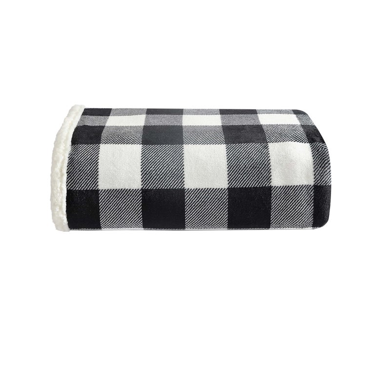 Eddie Bauer  Throw Blanket Reversible Sherpa Fleece Bedding Buffalo Plaid Home Decor for All Seasons Black Check Throw