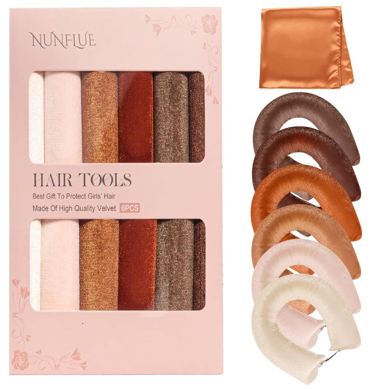 NUNFLUE Heatless Curls Overnight Set - Jumbo Soft Hair Curlers to Sleep In, No Damage Velvet Curling Rods with Silk Scarf, Alternative to Heat Styling-6pcs Rosebrown - Image 1
