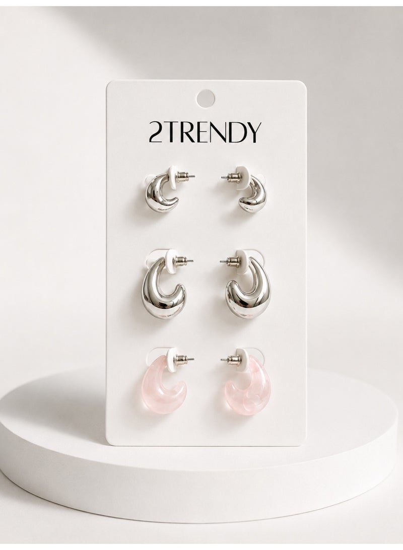 Women's 3-Pair Modern Curved Earrings Set – Silver & Pink