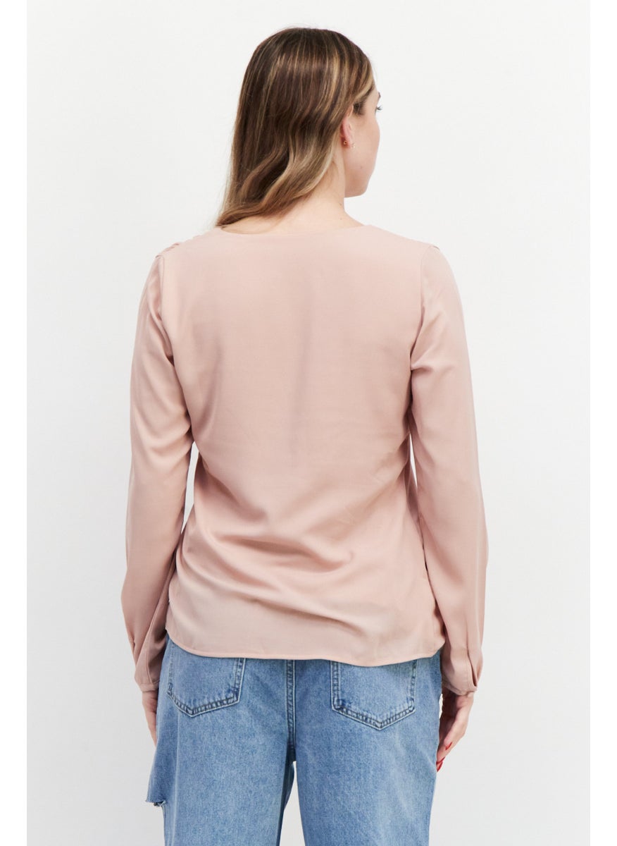 Zero - Women U Neck Long Sleeve Plain Top, Old Rose - Image 1