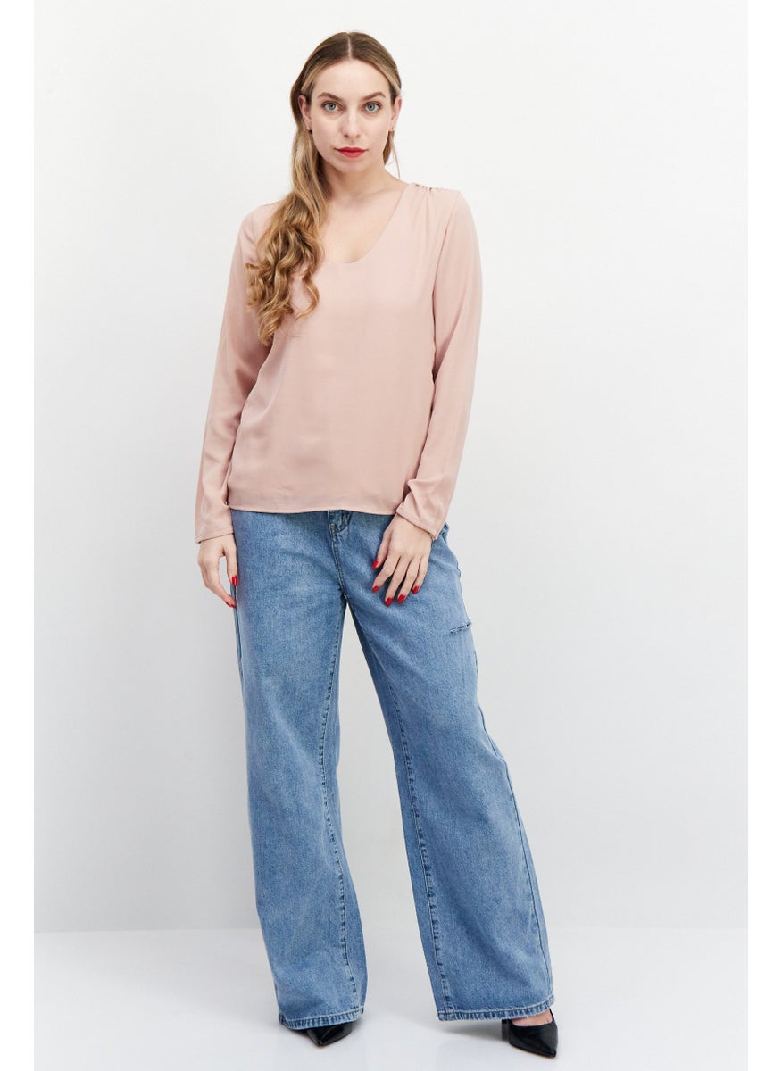 Zero - Women U Neck Long Sleeve Plain Top, Old Rose - Image 1