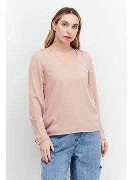 Zero Women U Neck Long Sleeve Plain Top, Old Rose  - Image 1