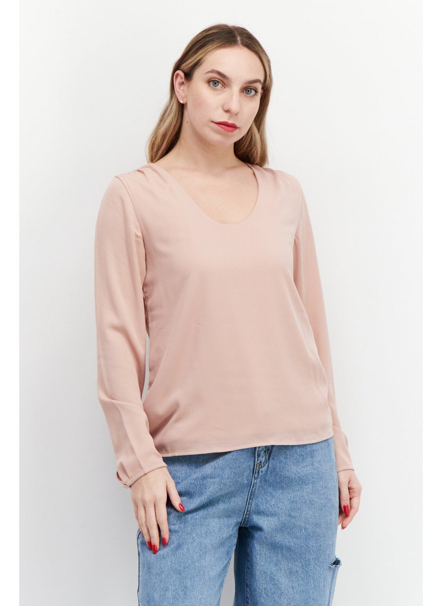 Zero - Women U Neck Long Sleeve Plain Top, Old Rose - Image 1
