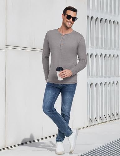 PEGENO Men's Casual Slim Fit Long Sleeve Henley T-Shirts Cotton Shirts (US Medium, A6 Light Gray) - Image 5