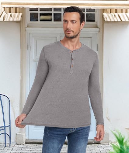 PEGENO Men's Casual Slim Fit Long Sleeve Henley T-Shirts Cotton Shirts (US Medium, A6 Light Gray) - Image 4