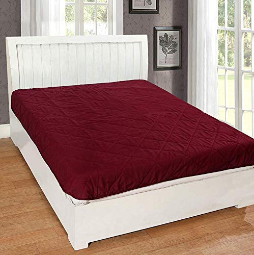 Homespun Quilted Triple Layered 100% Waterproof, Dustproof and Cooling Microfiber Infused King Size Double Bed Mattress Protector, Maroon Color, 72x78 inches - Image 1