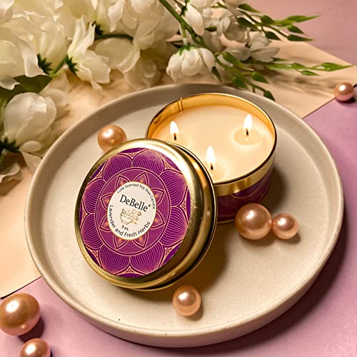 DeBelle Luxe Scented Soy Wax Candle Lavender & Fresh Herbs | Upto 14 Hours| Best Gift, Decoration, Celebration, | Floral| Reusable Tin| Travel Friendly Scented Candle - Image 1