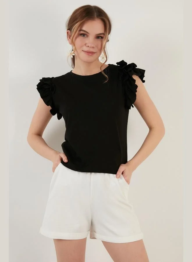 Lela Lela Cotton Slim Fit Crew Neck T-Shirt with Ruffled Sleeves Women's T-Shirt 5864500