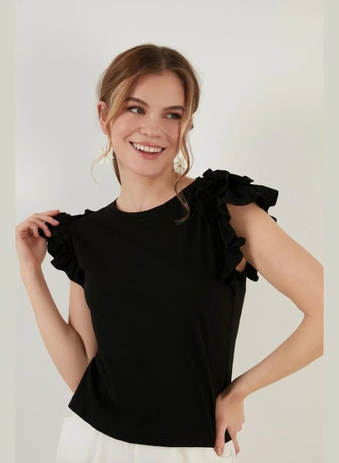 Lela Lela Cotton Slim Fit Crew Neck T-Shirt with Ruffled Sleeves Women's T-Shirt 5864500