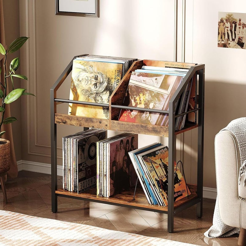 CHOEZON 2Tier Vinyl Record Storage Holder Rack 250 LP Albums Display Shelf Wooden Vinyl Storage Rack with Wire Dividers for Records CDs Books Rustic Brown and Black TCW07BF - Image 2