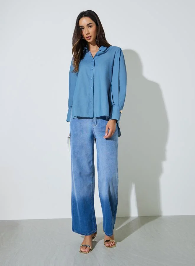 Styli Blue Metal Button Trim Longline Shirt