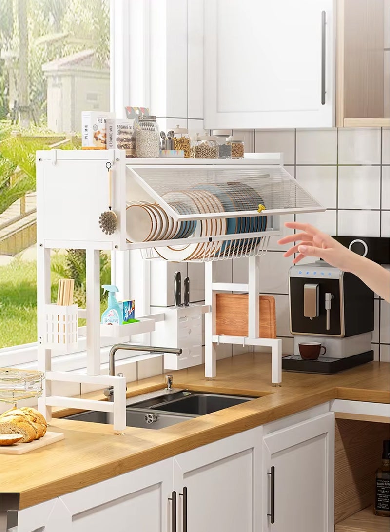تايمي مجفف صحون - رف تجفيف الأطباق فوق الحوض بثلاثة مستويات مع غطاء - منظم مطبخ وحامل اطباق وادوات المائدة موفر للمساحة مقاس 85سم أبيض - Image 2