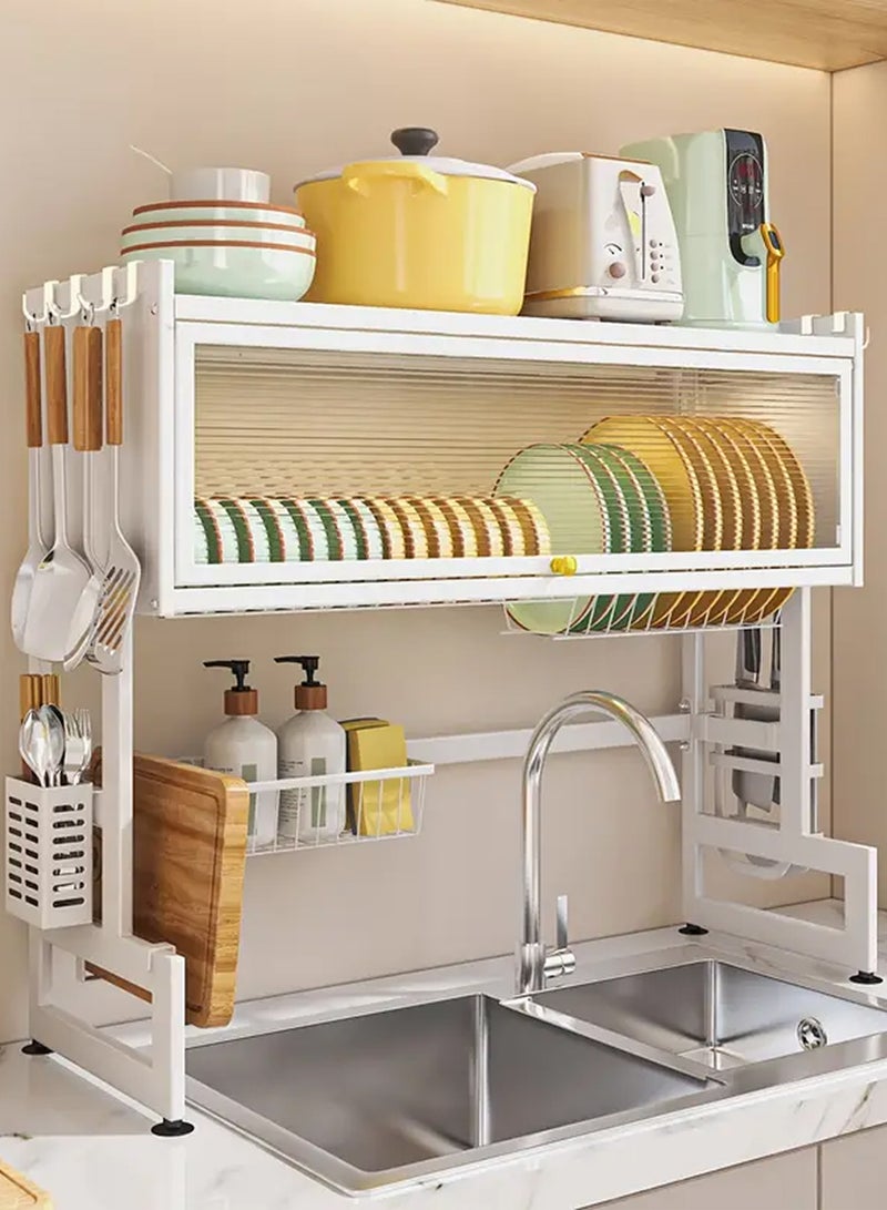تايمي مجفف صحون - رف تجفيف الأطباق فوق الحوض بثلاثة مستويات مع غطاء - منظم مطبخ وحامل اطباق وادوات المائدة موفر للمساحة مقاس 85سم أبيض - Image 1