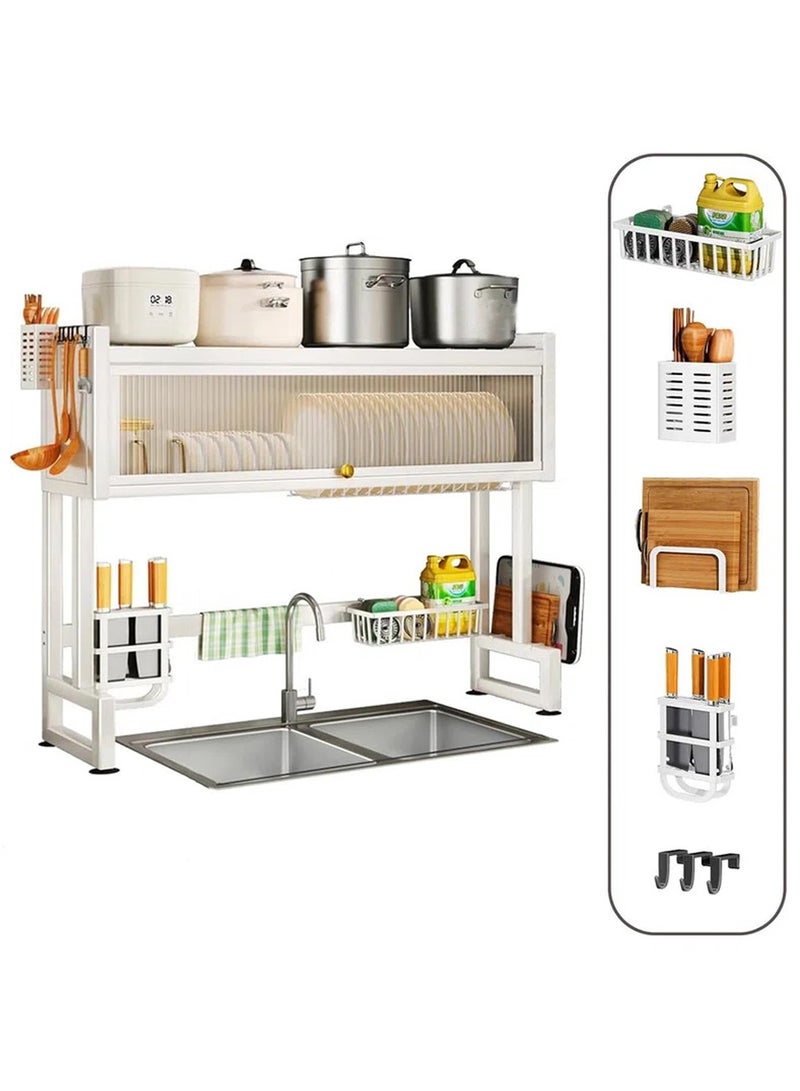 تايمي مجفف صحون - رف تجفيف الأطباق فوق الحوض بثلاثة مستويات مع غطاء - منظم مطبخ وحامل اطباق وادوات المائدة موفر للمساحة مقاس 85سم أبيض - Image 3