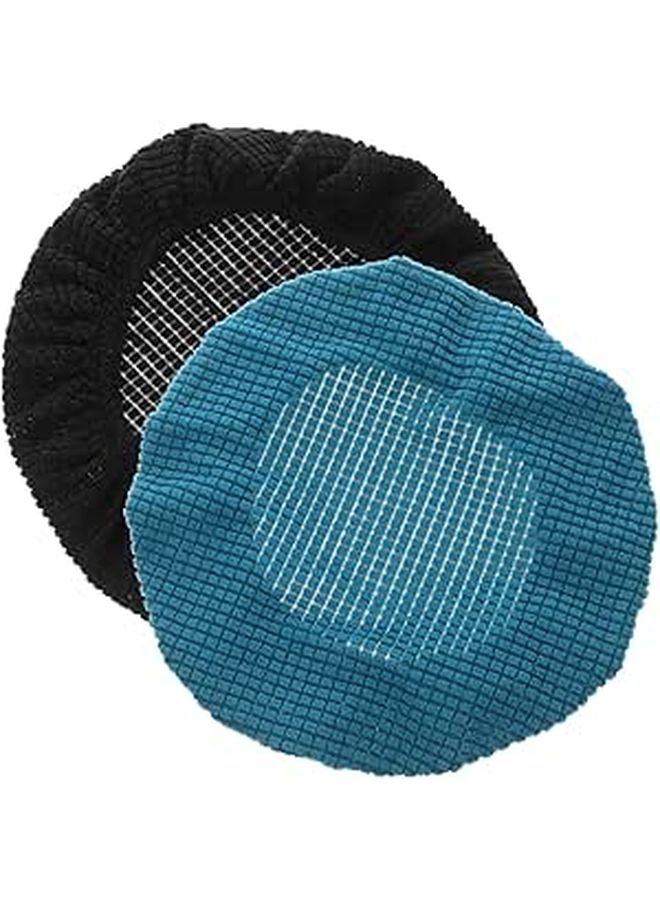 Washable Fleece Stretchy Round Bar Stool Covers Seat Protector Black Peacock Blue 2 Pack - Image 1