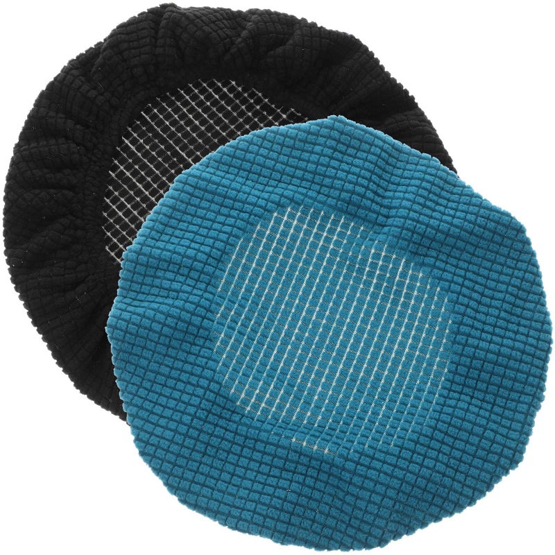 Washable Fleece Stretchy Round Bar Stool Covers Seat Protector Black Peacock Blue 2 Pack - Image 2