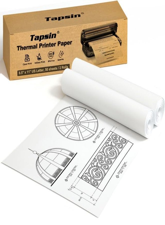 Tapsin Thermal Printer Paper 8.5 x 11 Inch, US Letter Size Quick-Dry Thermal Printing Paper Rolls, Thermal Paper Compatible with M08F-Letter, M832, M834, MT800, MT800Q Portable Printer, 50 sheets / 2 Rolls - Image 1