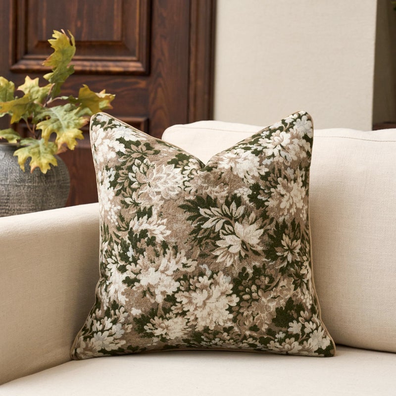 Yangest Neutral Floral Pillow Cover 18 x18 Inches, Vintage Chenille Square Throw Pillow Cover Soft Decorative Farmhouse Accent Couch Pillow Cover for Living Room Bedroom, Green - Image 1