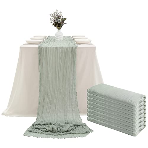DOLOPL 8PCS St Patricks Day Table Runner Sage Green Cheesecloth Boho Gauze 133ft Rustic Sheer Runner 160inch Long for Wedding Bridal Baby Shower Party Decorations