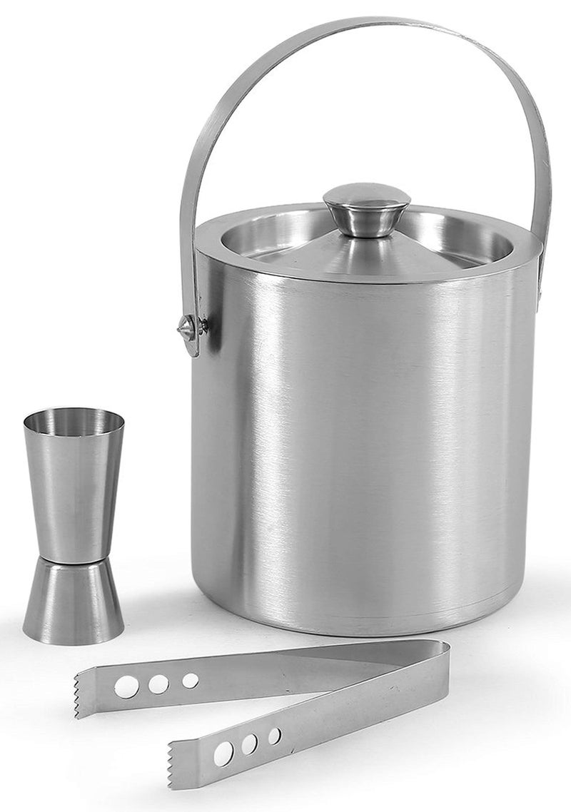 HAINE Stainless Steel Barware Set of Double Wall Ice Bucket, Ice Tong and Peg Measuring Jig, 1600 ml - Image 1