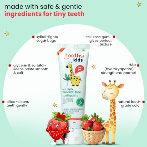 Toothsi Fluoride Free Toothpaste | Kids Tooth Paste for Ages 2-5 | Powered with Hydroxyapatite | Anti Cavity | Kids Paste | Natural Ingredients | Vegan & Cruelty Free | Strawberry Flavour | 60g - Image 3