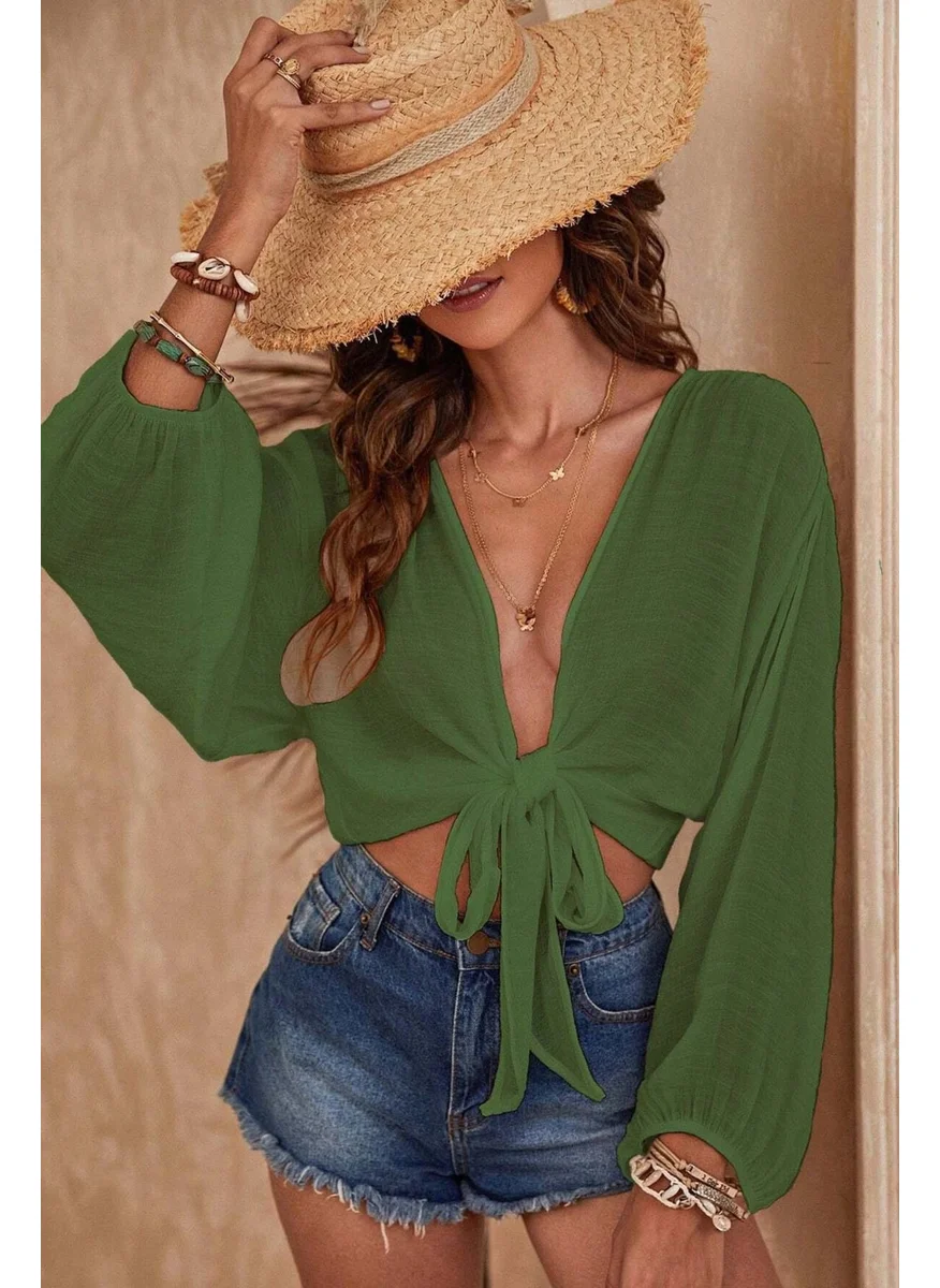 انجلسين Front Tie Casual Shirt Pareo Crop Blouse