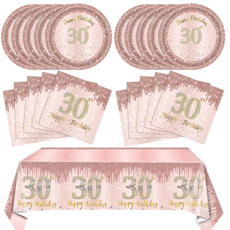 SNIMICS 30th Birthday Decorations for Women 30th Birthday Party Supplies Include Rose Gold birthday Plates and Napkins Tablecloth 30th Birthday Supplies Tableware for Women - Image 1