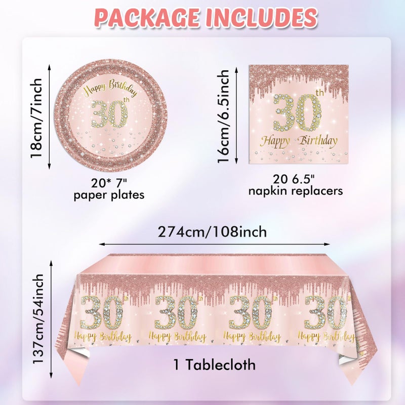 SNIMICS 30th Birthday Decorations for Women 30th Birthday Party Supplies Include Rose Gold birthday Plates and Napkins Tablecloth 30th Birthday Supplies Tableware for Women - Image 2