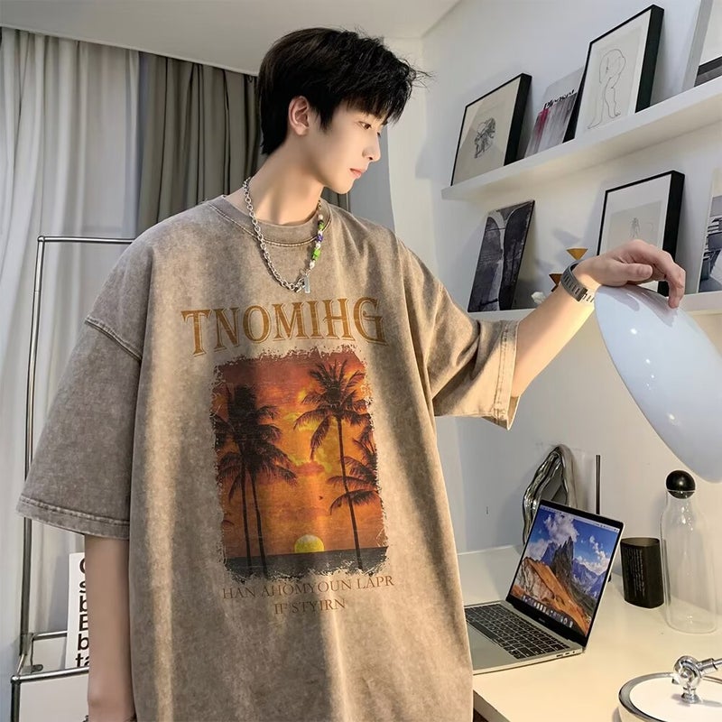 New Short-Sleeved T-Shirt Men'S Summer Korean-Style Trendy Printed Half-Sleeved Cotton Top Loose Casual Trendy Brand T-Shirt - Image 1