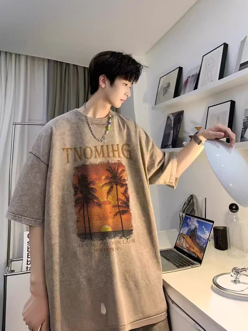 New Short-Sleeved T-Shirt Men'S Summer Korean-Style Trendy Printed Half-Sleeved Cotton Top Loose Casual Trendy Brand T-Shirt - Image 2