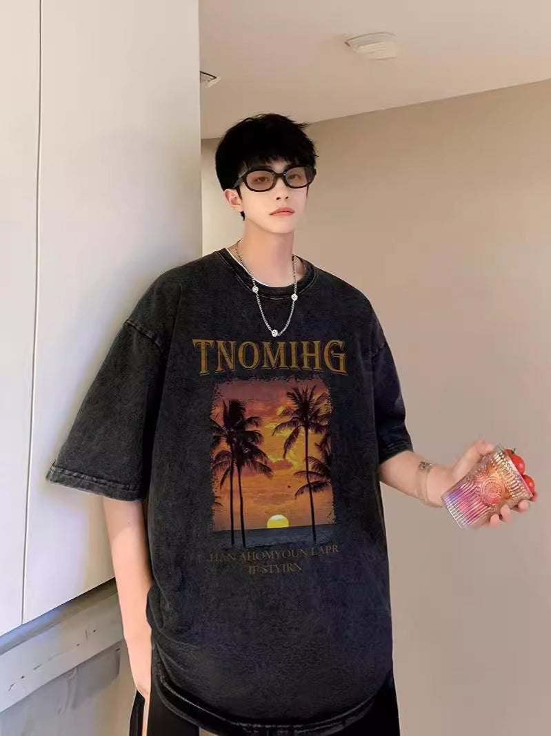 New Short-Sleeved T-Shirt Men'S Summer Korean-Style Trendy Printed Half-Sleeved Cotton Top Loose Casual Trendy Brand T-Shirt - Image 4