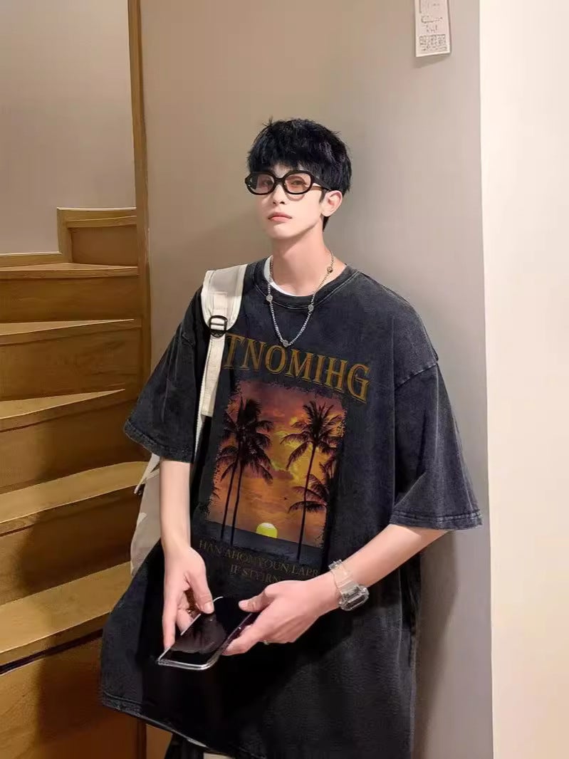 New Short-Sleeved T-Shirt Men'S Summer Korean-Style Trendy Printed Half-Sleeved Cotton Top Loose Casual Trendy Brand T-Shirt - Image 3